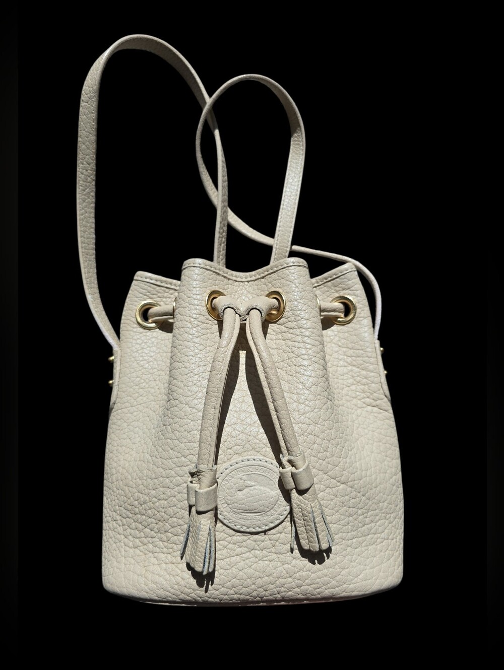 Holy Grail Bone- Dooney & Bourke White Pebbled Leather Drawstring Bucket Bag
